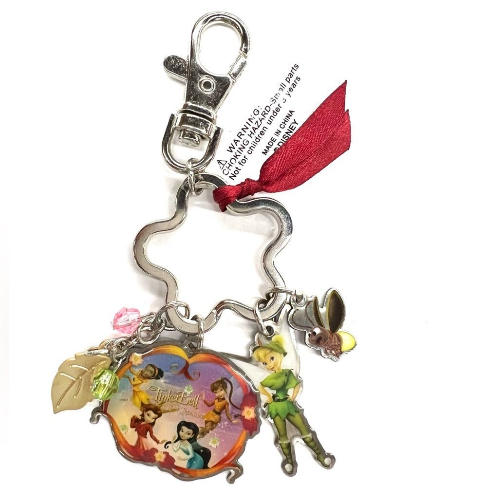 Vintage Disney Tinkerbell Peter Pan Keychain Bag Charm NWOT Golden Leaf Beads
